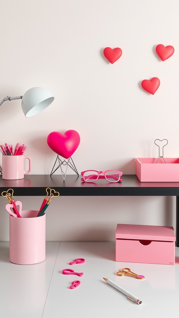 A colorful desk setup featuring heart-shaped decorations, pink accessories, and a bright lamp.