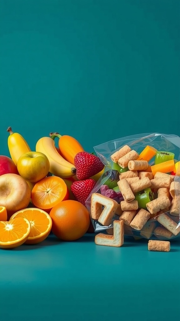 A colorful arrangement of fresh fruits next to a bag of processed snacks.