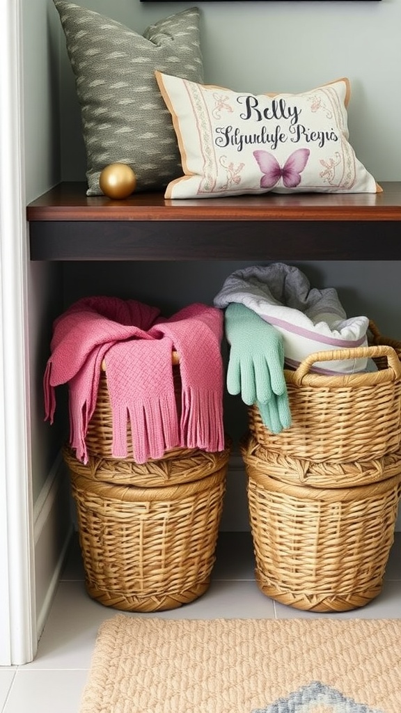 A cozy entryway featuring decorative baskets containing gloves, scarves, and stylish boots.