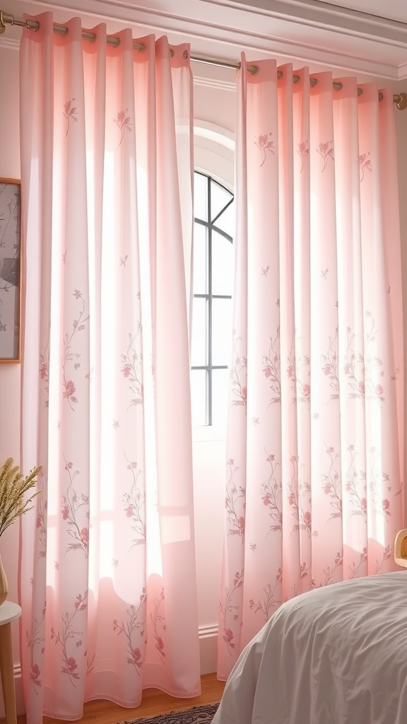 Light pink curtains with floral patterns and sheer panels.