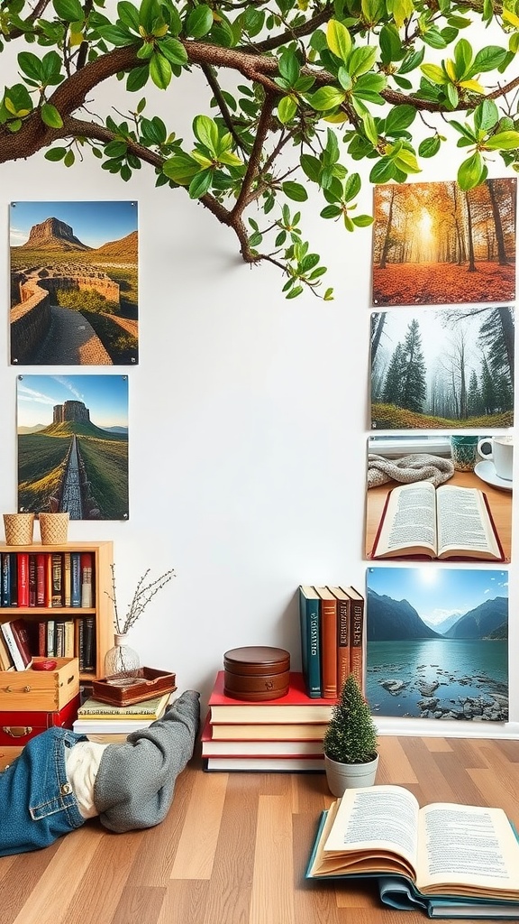 A cozy reading nook with books, a small plant, and nature-themed wall art.