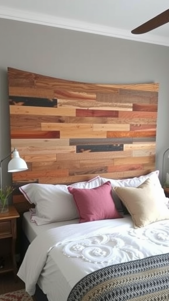 A stylish DIY wooden headboard above a bed with black and yellow pillows.