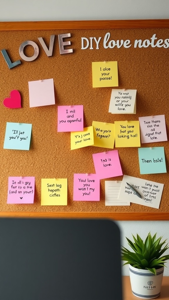 A corkboard decorated with colorful sticky notes and the words 'LOVE DIY love notes'