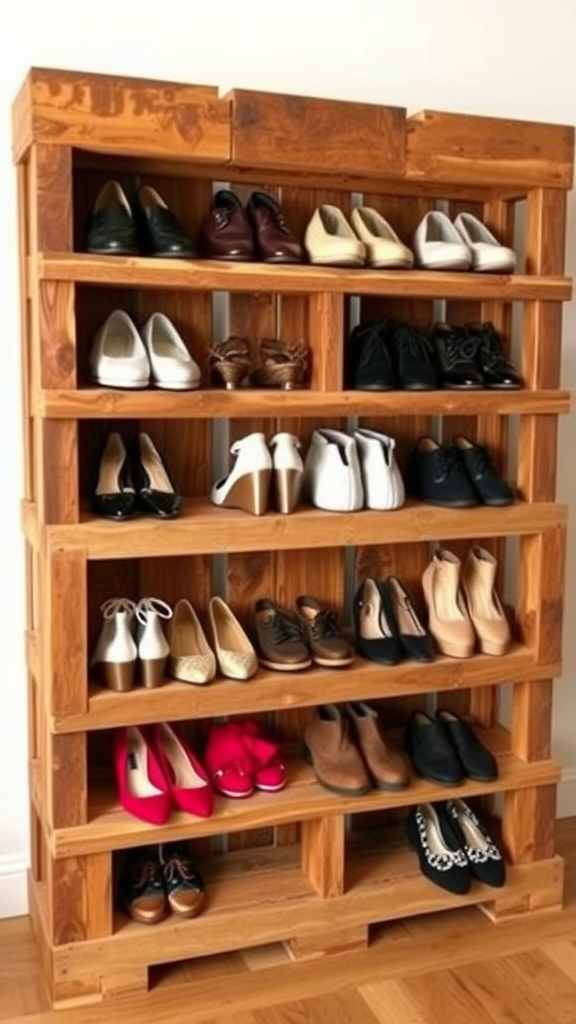 DIY wooden pallet shoe storage with various shoes organized on shelves