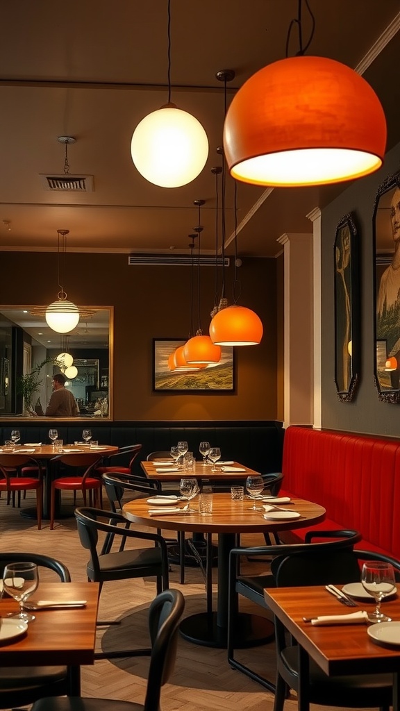 Interior featuring dramatic pendant lighting in a restaurant with wooden tables and red seating.