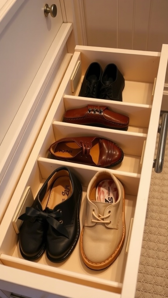 Organized shoe drawer with dividers separating different pairs of shoes.