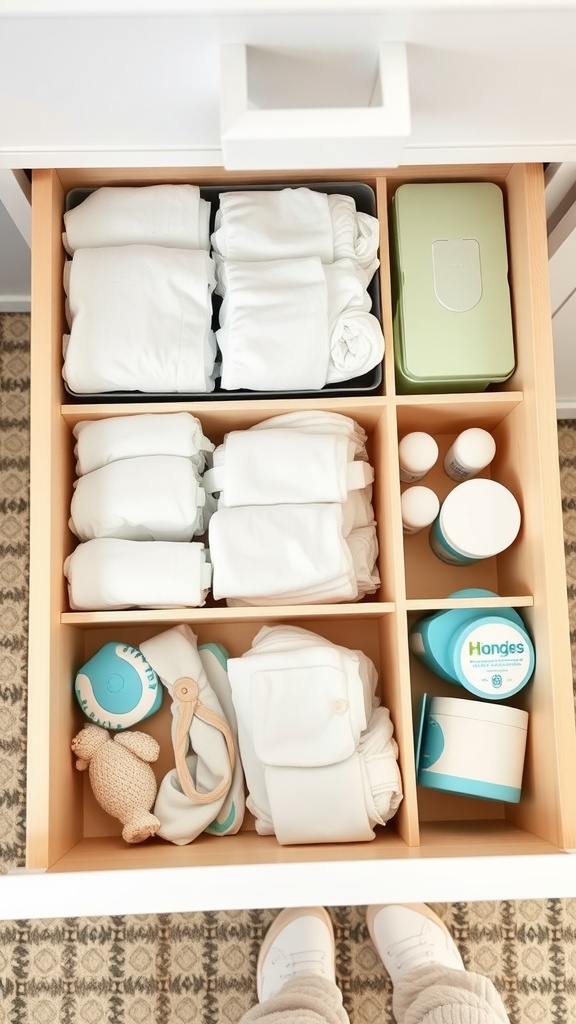 Organized drawer with diapering essentials neatly arranged in sections.