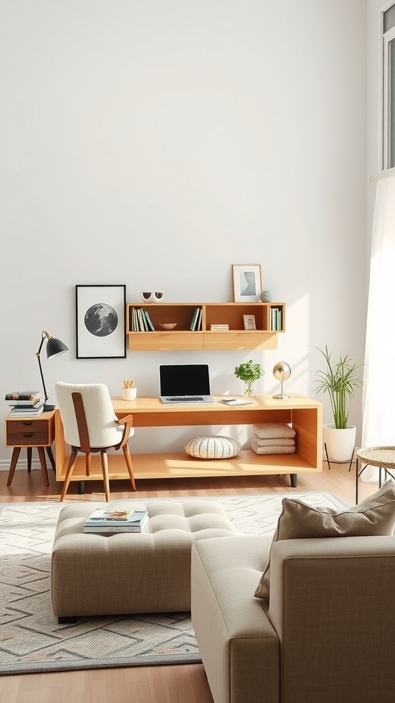 A stylish sitting room-office combo featuring a wooden desk, comfortable chair, and a cozy ottoman.