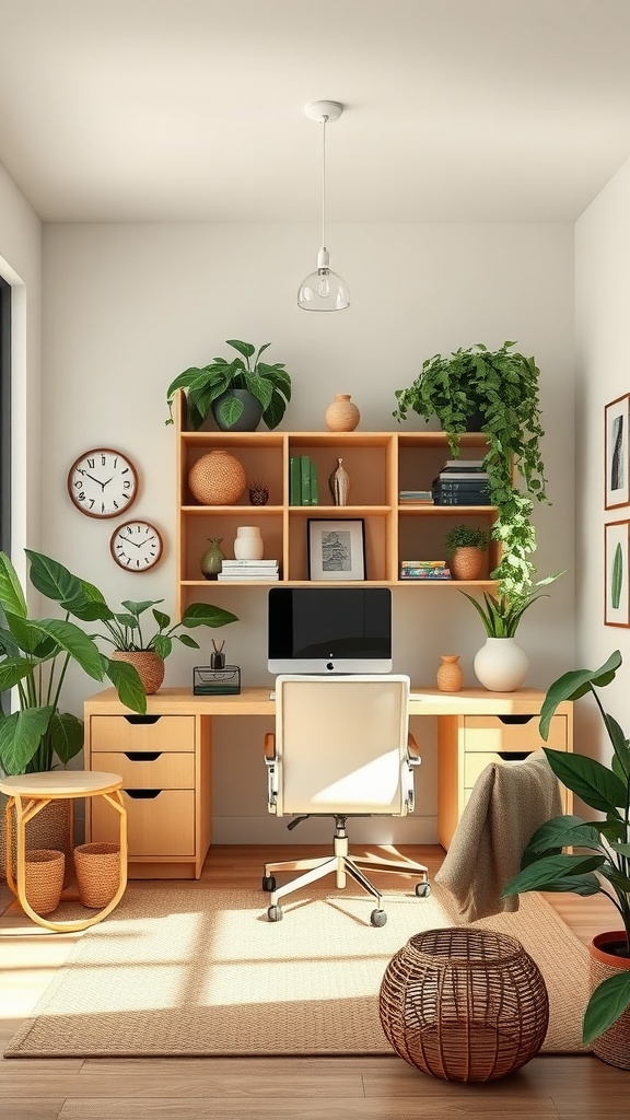 Modern home office with earthy colors and plants, featuring a wooden desk and natural decor.