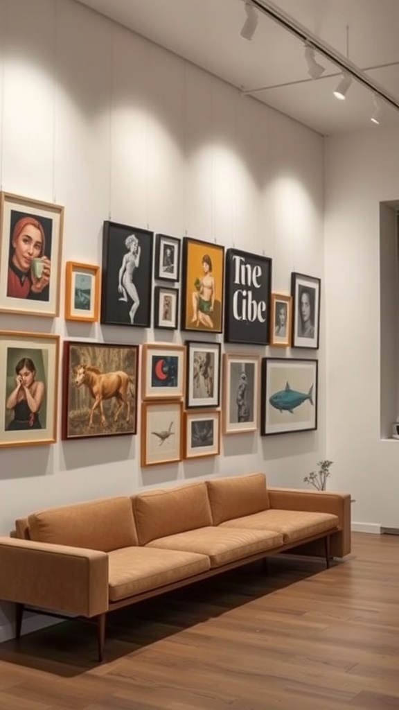 A cozy living room with a gallery wall displaying various framed artworks above a modern sofa.