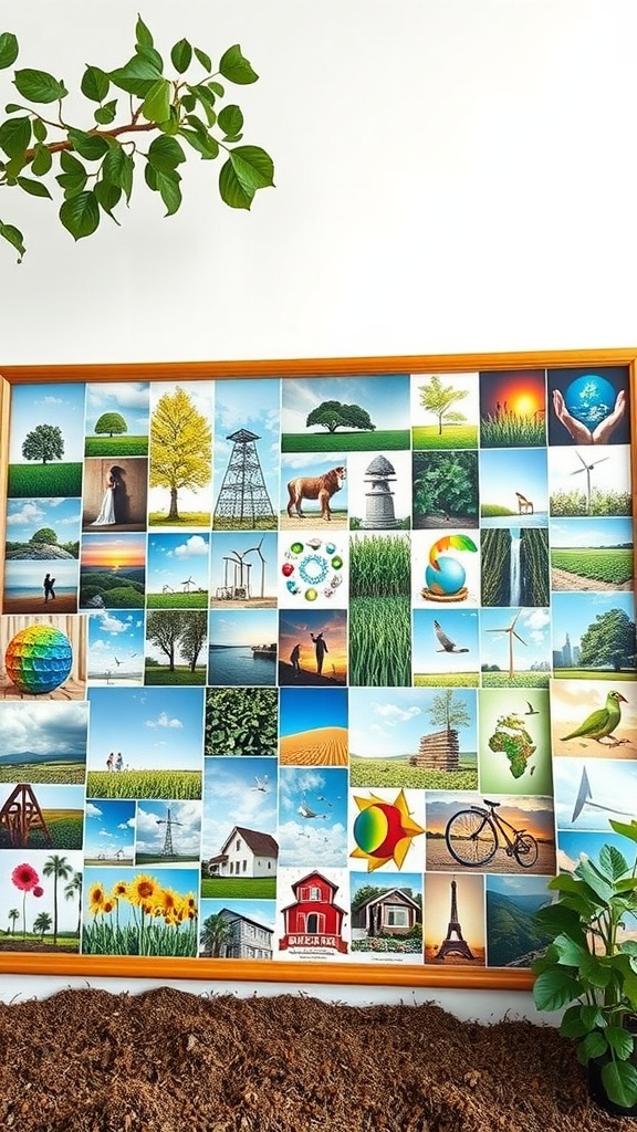 A colorful vision board with images of nature, sustainability, and eco-friendly practices.