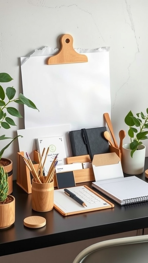 A modern home office setup featuring eco-friendly supplies and plants.