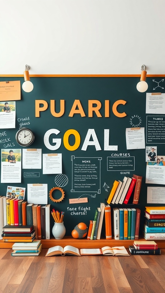 A vision board with educational goals, books, and learning resources.