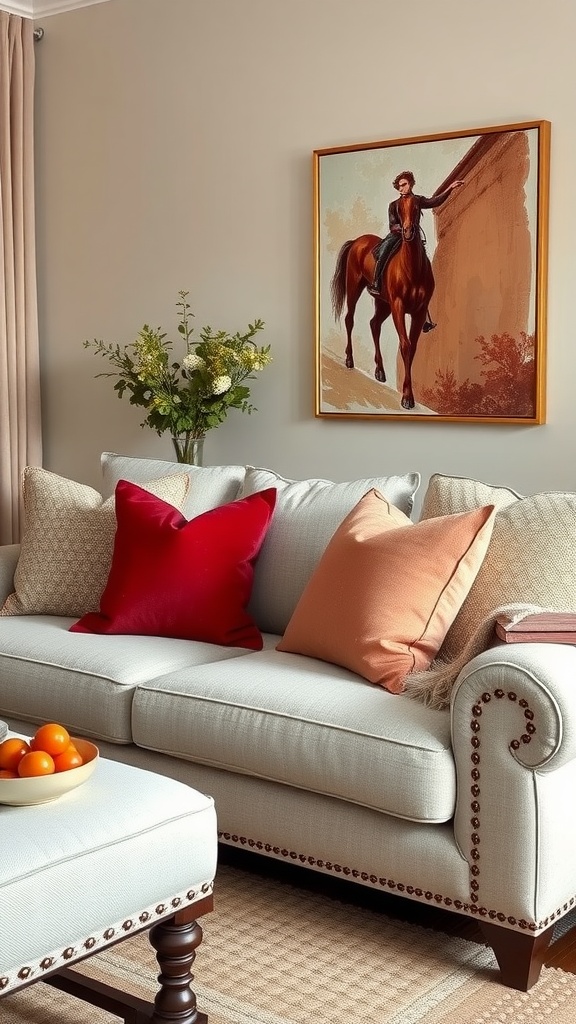 A cozy living room with cherry red throw pillows on a neutral sofa.