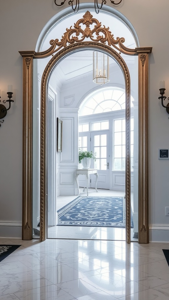 A beautifully framed ornate mirror in an entryway, reflecting light and depth.