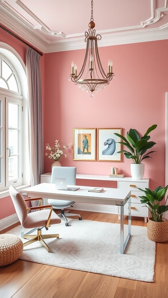 A stylish home office with a pink accent wall, featuring a modern desk, comfortable chair, and decorative plants.