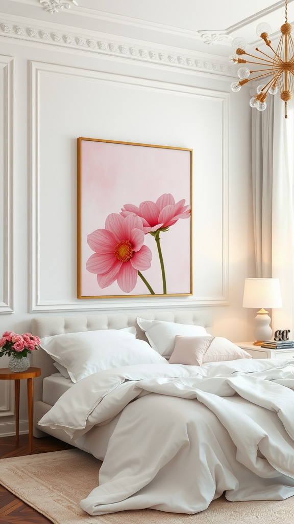 Elegant pink artwork in a bedroom with gold frame and cozy decor.