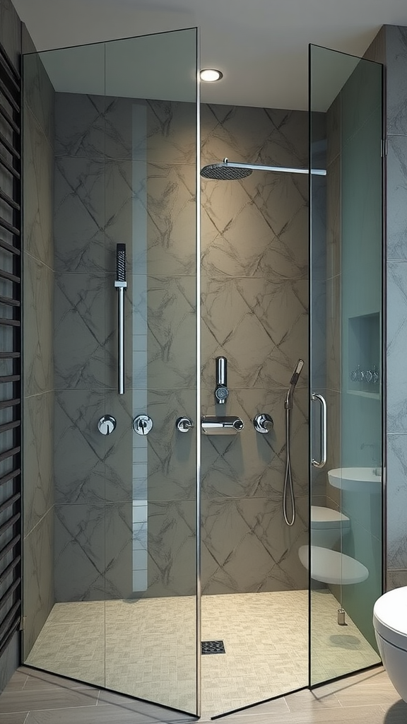 Elegant shower design with glass enclosure and marble tiles
