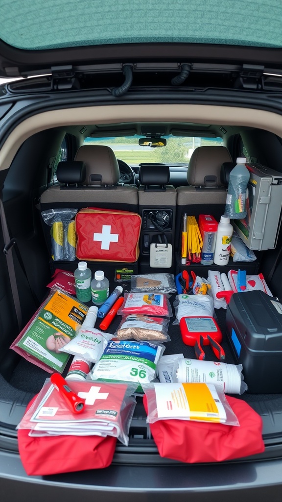 A well-organized emergency kit displayed in the trunk of a car, featuring first aid supplies, a flashlight, and other essential items.