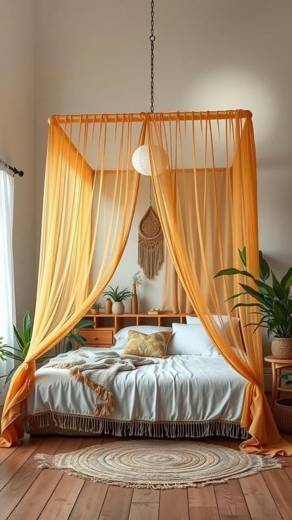 A cozy boho bedroom featuring a canopy bed with soft gold drapes, surrounded by plants and natural decor.
