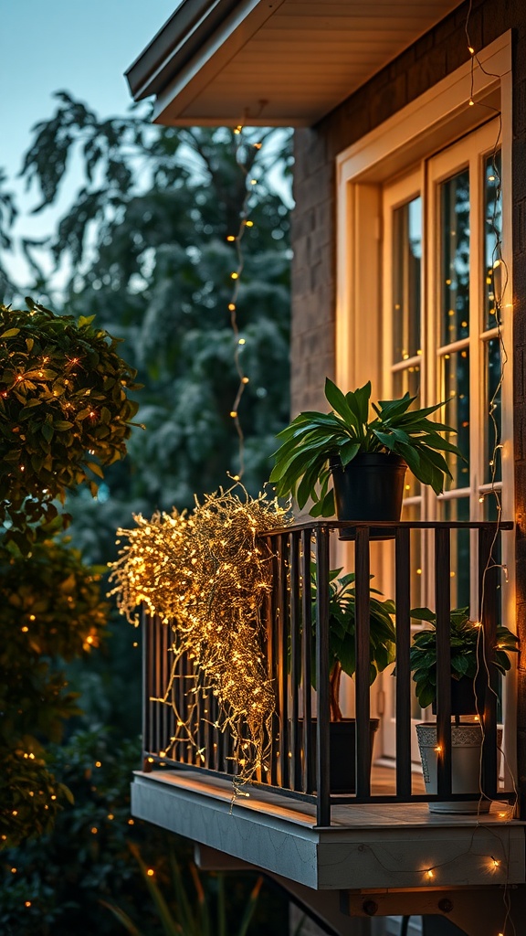 A balcony with fairy lights draped along the railing and plants, creating a warm and inviting atmosphere.