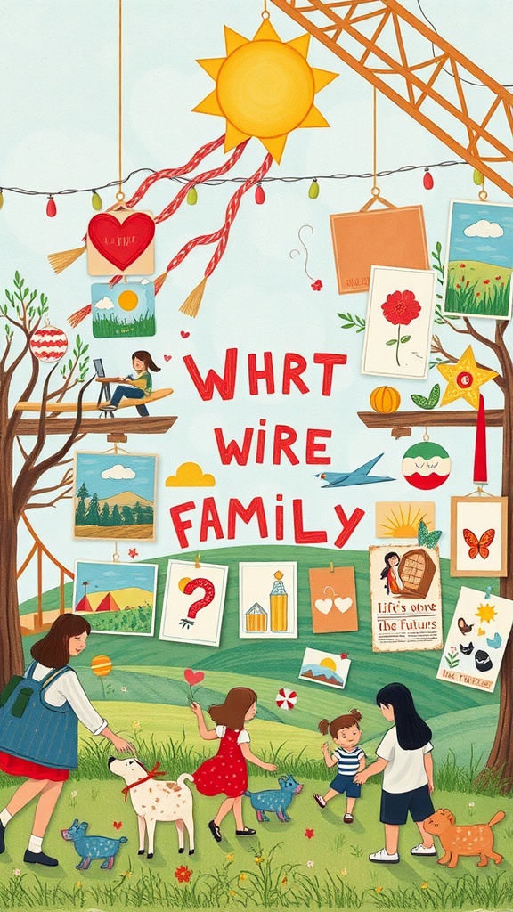 A colorful illustration depicting family planning and dreams with children and pets.