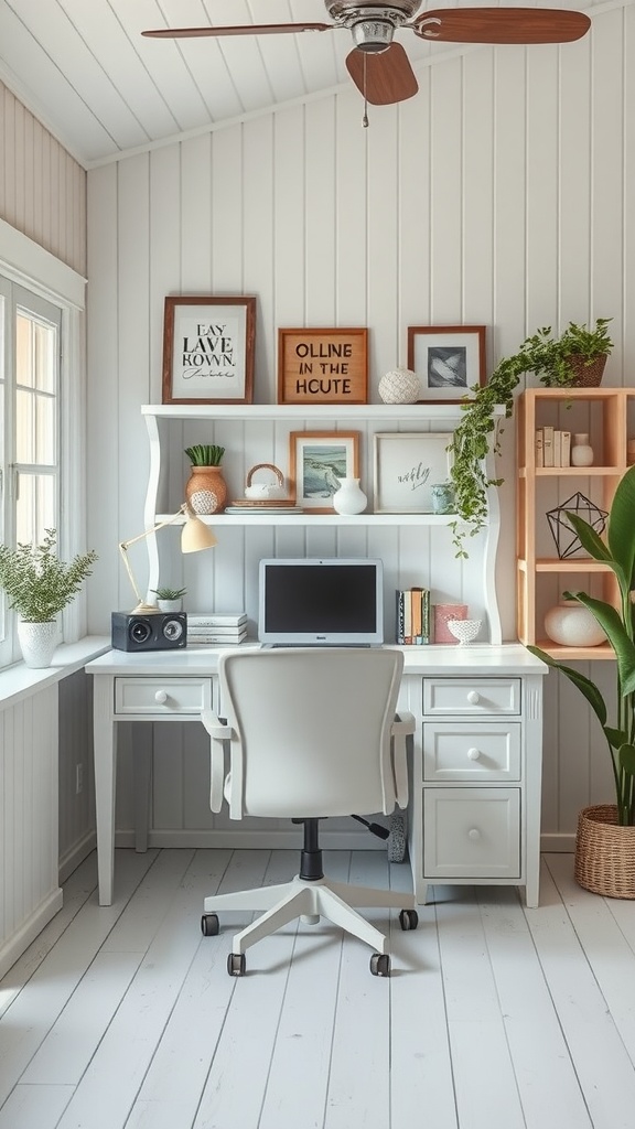 Cozy farmhouse-style home office with white walls and a wooden desk.