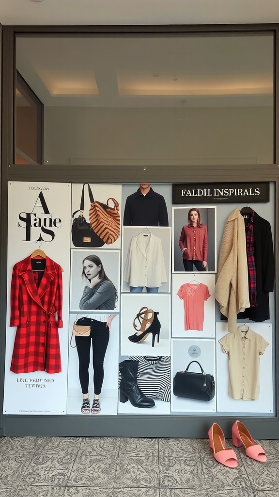 A stylish display featuring various clothing items, accessories, and fashion inspirations.