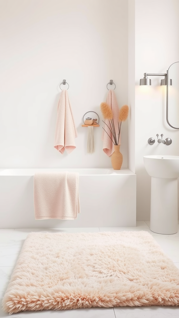 Minimalist bathroom featuring soft pink towels and rugs