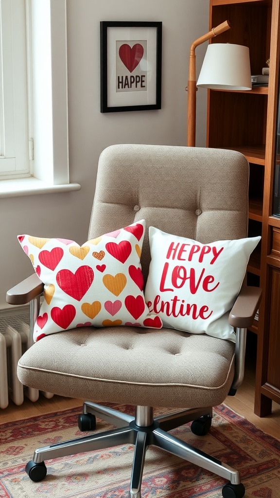 A cozy home office chair with festive throw pillows featuring heart designs and Valentine's messages.