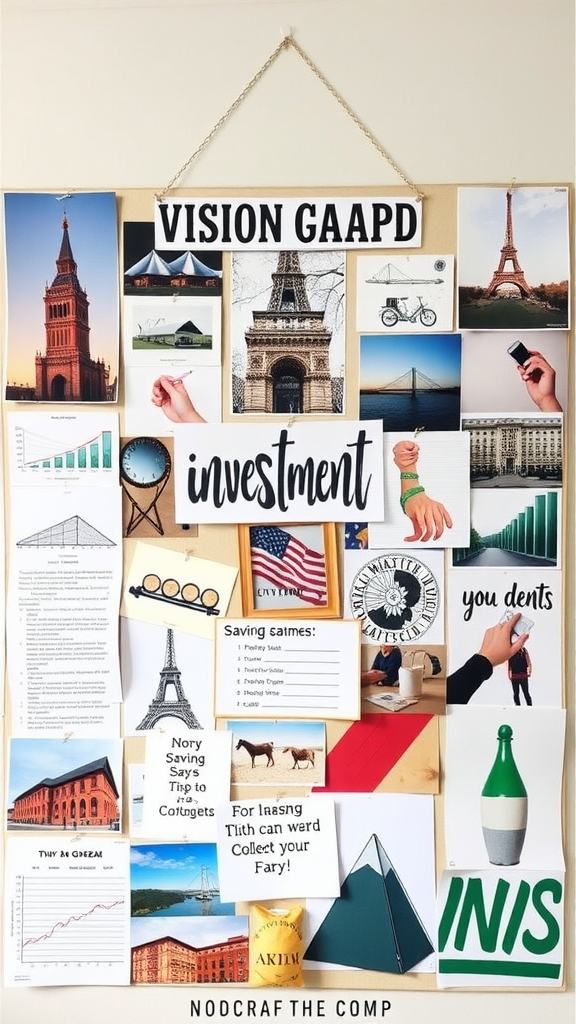 A vision board with financial goals and motivational quotes.