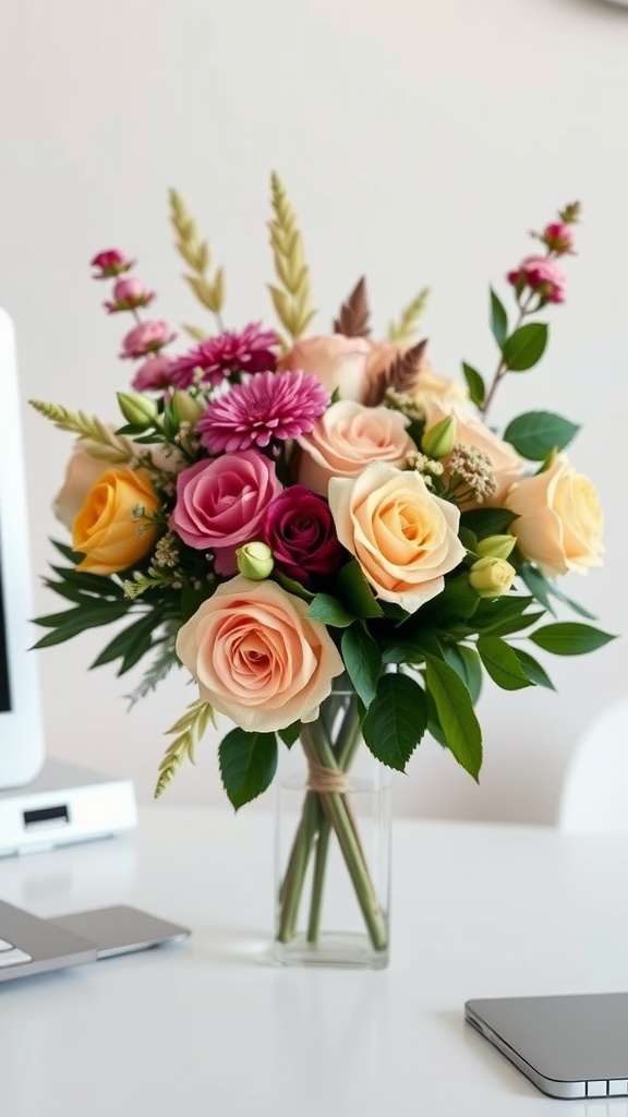 A colorful floral arrangement featuring roses and other flowers in a modern vase, placed on a desk.