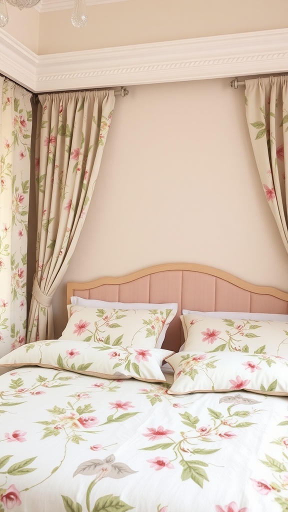 A cozy bedroom with floral patterned bedding and curtains in sage and blush pink.