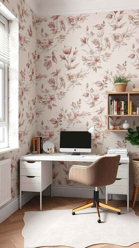 A bright home office with floral wallpaper, a wooden desk, and a stylish chair.