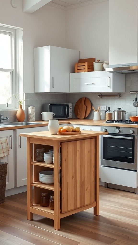 A cozy kitchen featuring a foldable wooden kitchen island with fruits on top, surrounded by modern appliances.