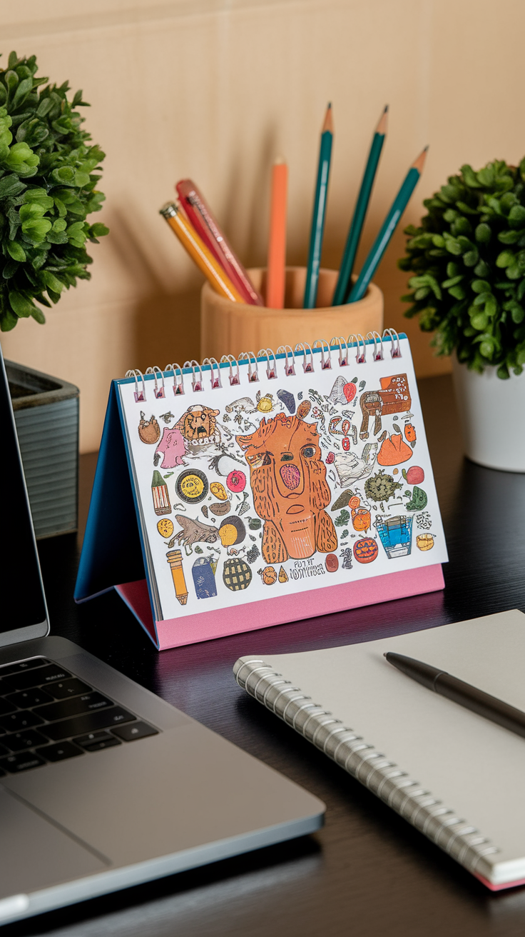 Colorful desk calendar with motivational quote and smiling sun design