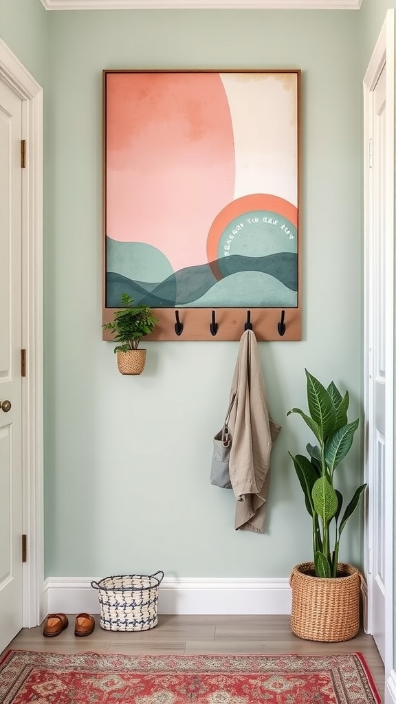 Entryway featuring bold artwork, hooks for bags, and decorative items.