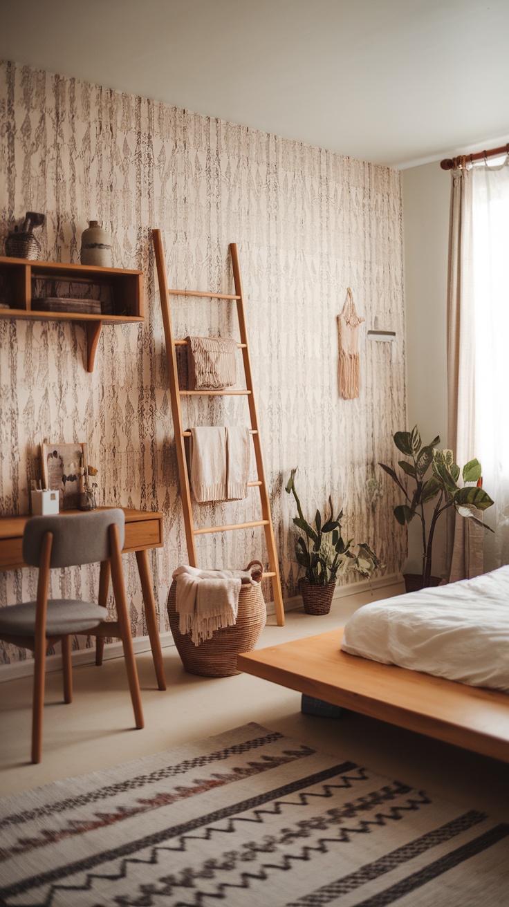 A minimalist boho bedroom with functional furniture, showcasing a ladder shelf and low-profile bed.