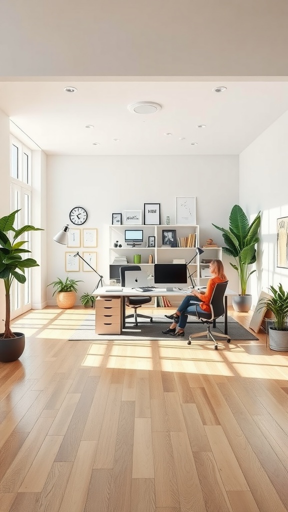 A bright and modern home office setup with a desk, computer, and large windows letting in natural light.