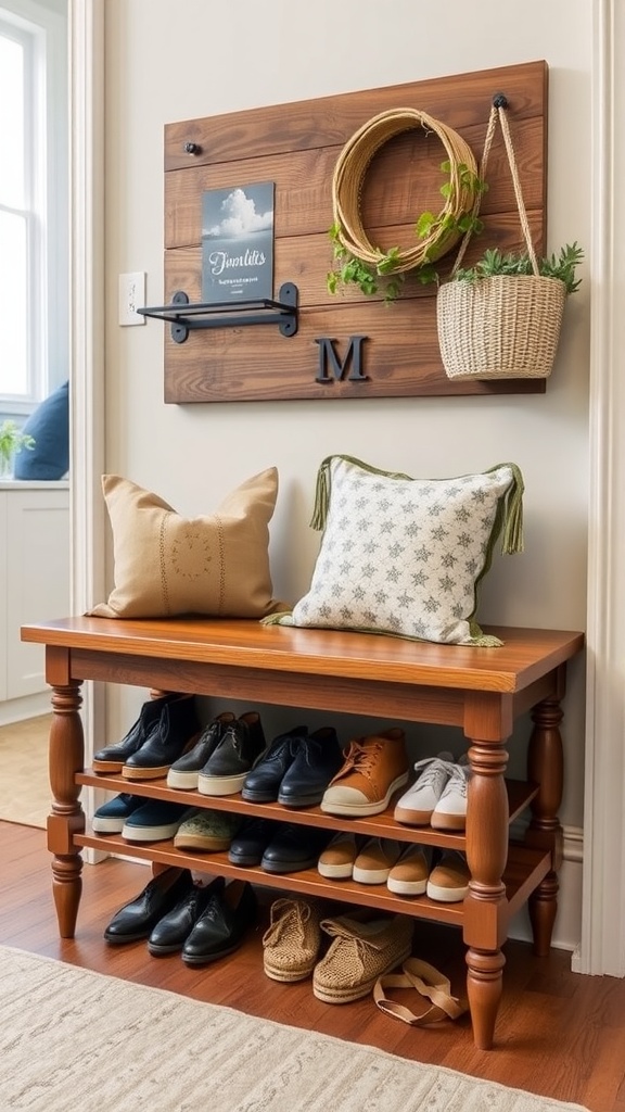 A stylish shoe storage bench with various shoes neatly organized underneath.