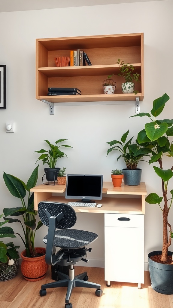 A stylish wall-mounted desk with a computer and plants around it.