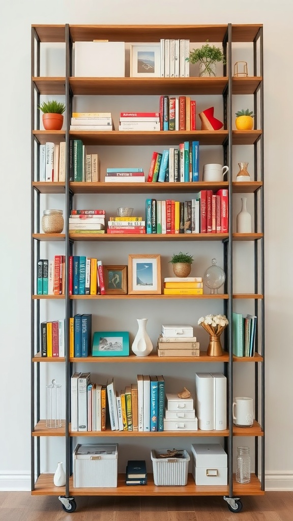A stylish and organized shelving unit displaying colorful books, decorative vases, and storage boxes.