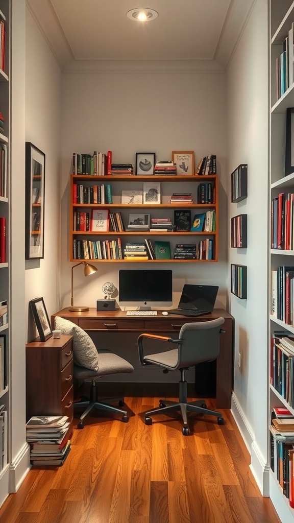 A cozy tiny home office in an alcove with a desk, shelves, and warm wooden flooring.