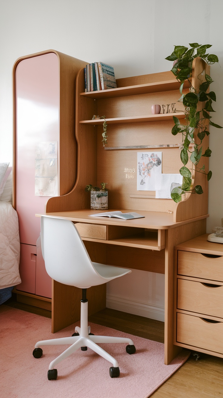 A stylish and functional dorm desk featuring natural wood, pink accents, books, and plants.