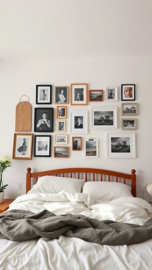 A cozy bedroom with a gallery wall of framed black and white photos, featuring a wooden bed and a soft blanket.