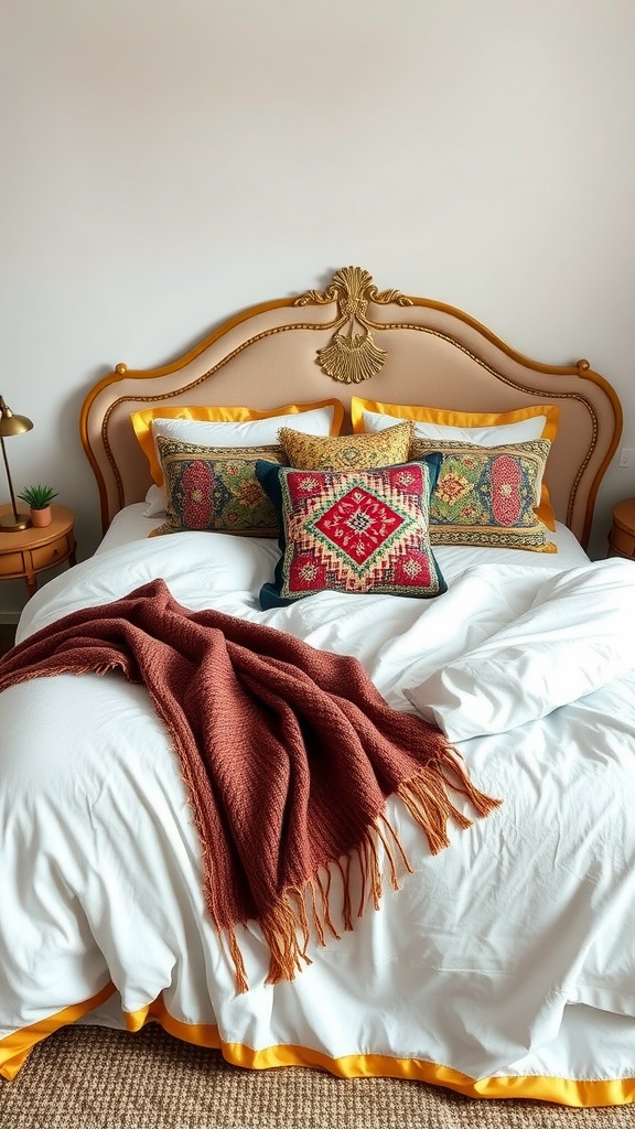 A well-decorated boho bedroom featuring gold-edged bedding with colorful pillows.