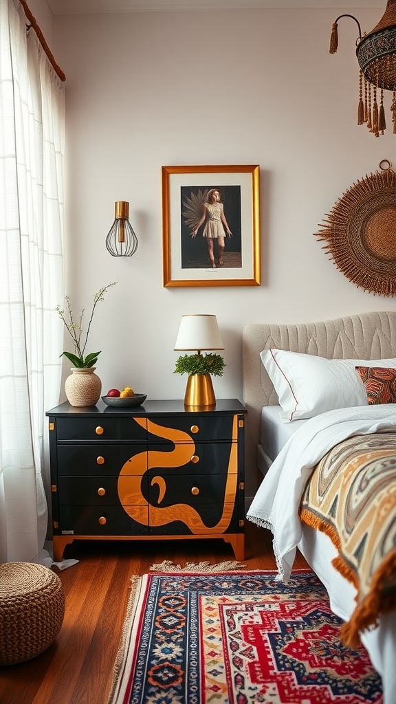 A stylish bedroom featuring gold-accented furniture, including a dresser and bedside table, with warm decor.