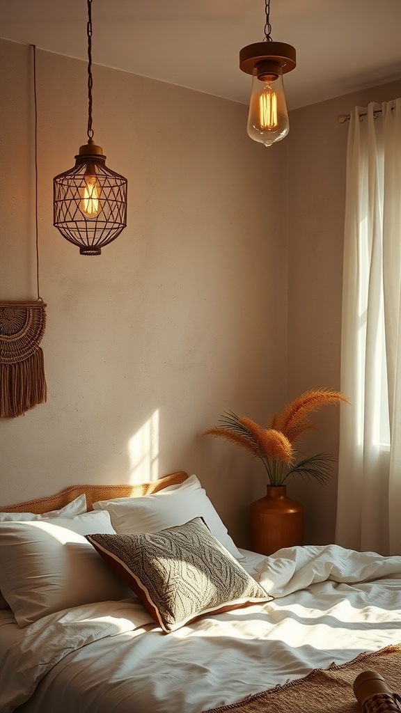 A boho bedroom featuring warm gold accented lighting fixtures.