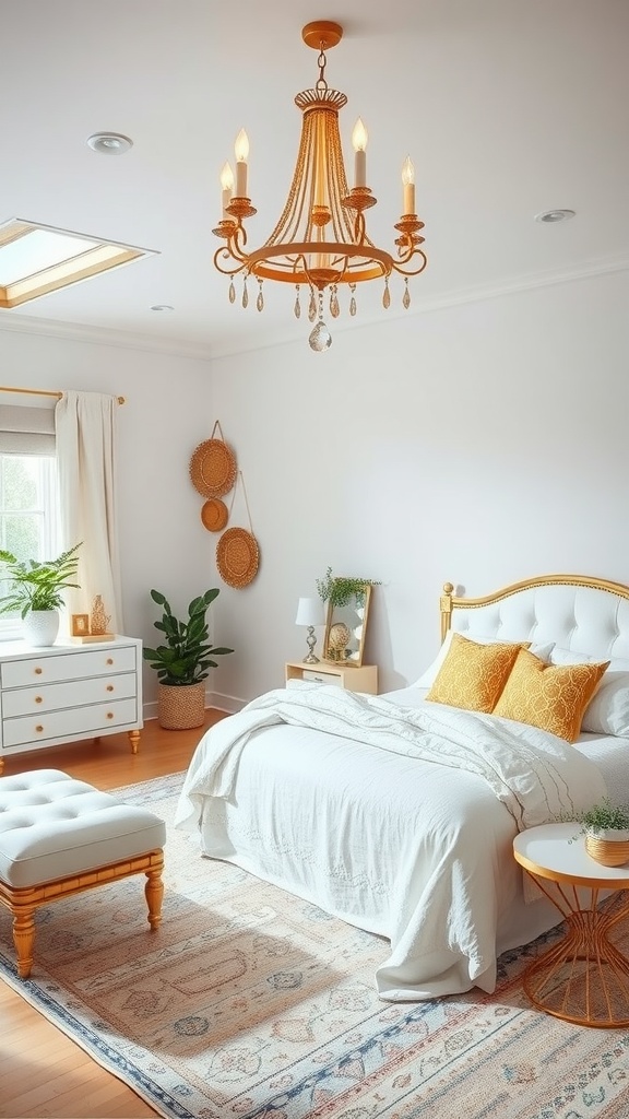 Cozy boho bedroom featuring a gold and white color palette with elegant decor.