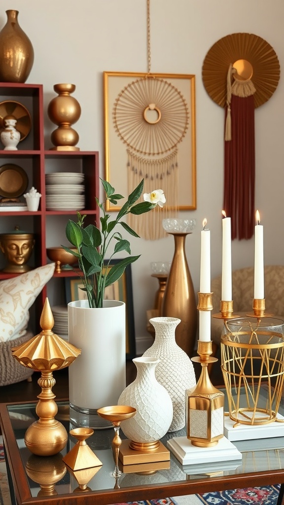 A collection of gold decorative accessories in a boho bedroom setting, including vases, candles, and a colorful rug.